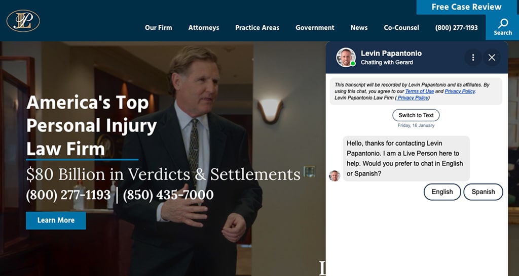 Blazeo’s live chat software chat window on Levin Papantonio’s law firm’s site. AI with real human agents standing by.