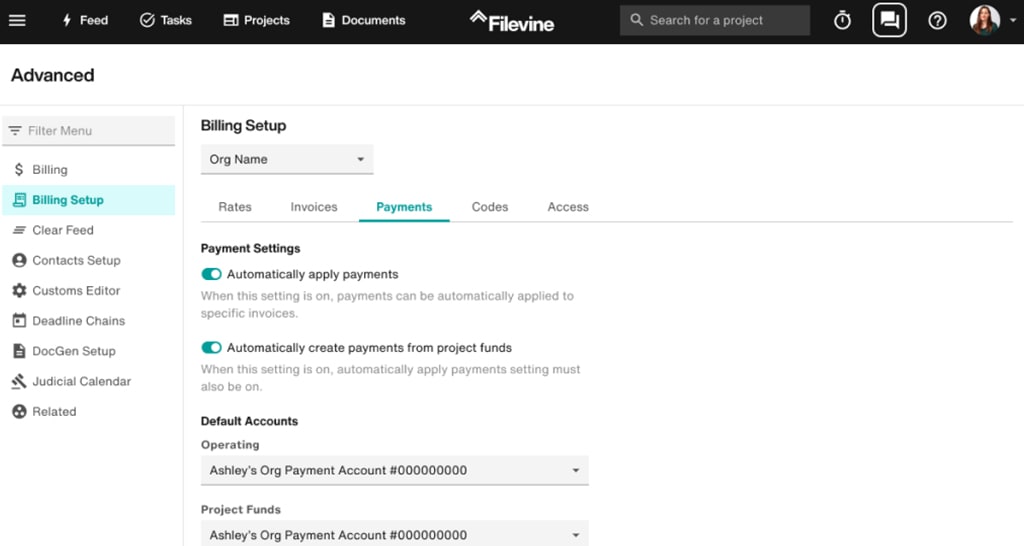 Setup payments in Filevine