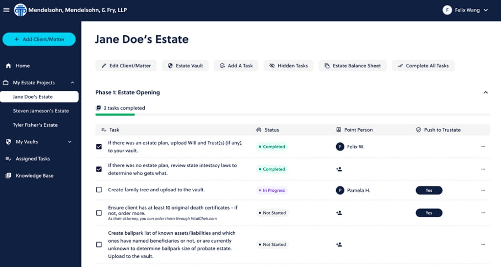 Trustate's Estate Dashboard lists & tracks all of the work involved in all estate & trust administration & planning matters.