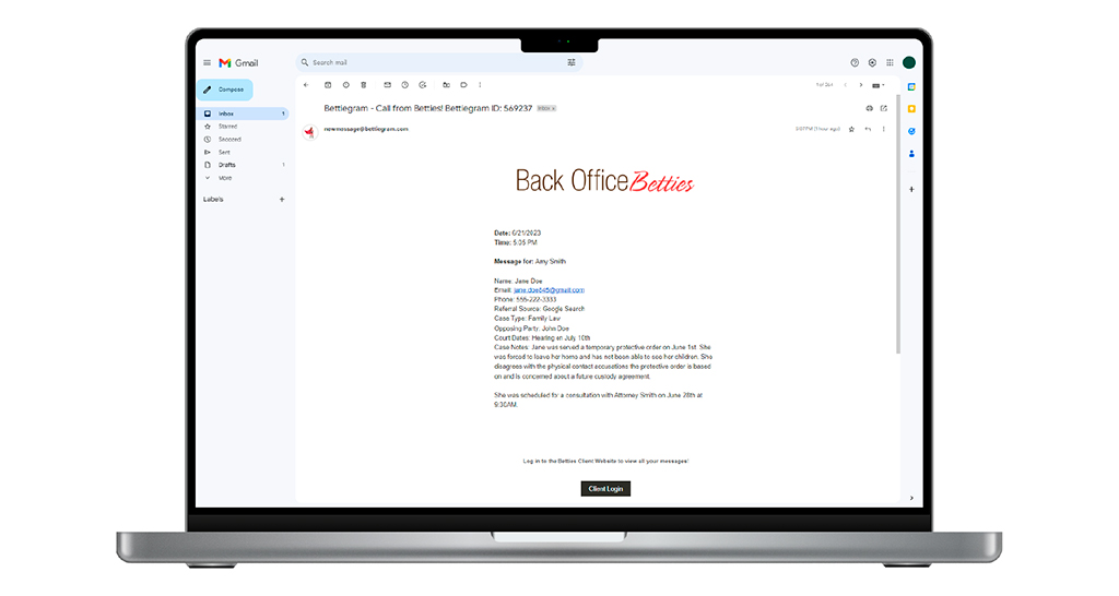 Message - Computer: Back Office Betties message example on desktop