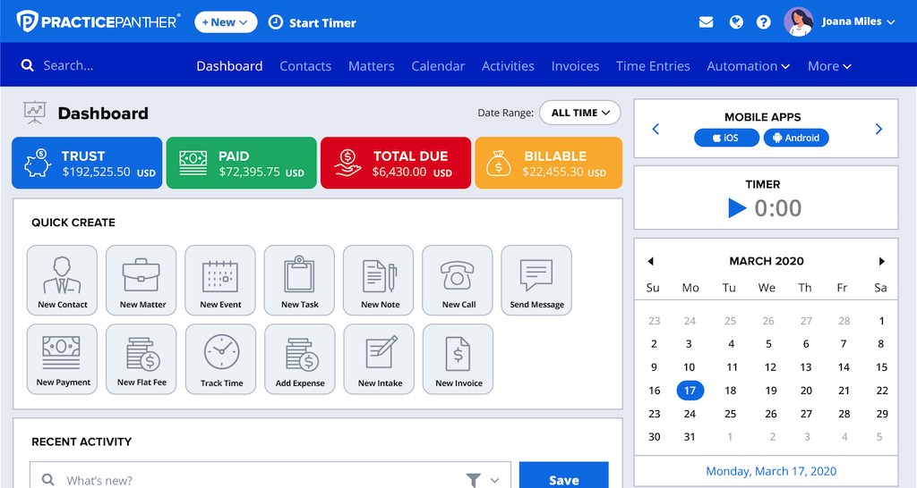 PracticePanther makes legal practice management simple with an easy to use dashboard.