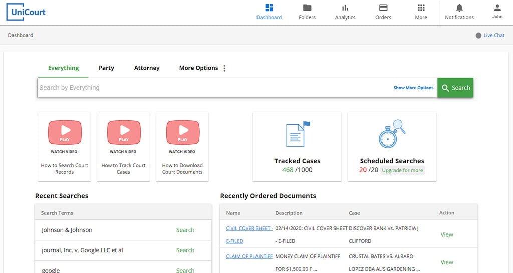 UniCourt lets you easily search state and federal court cases, see your recent searches, recently ordered documents, and more.