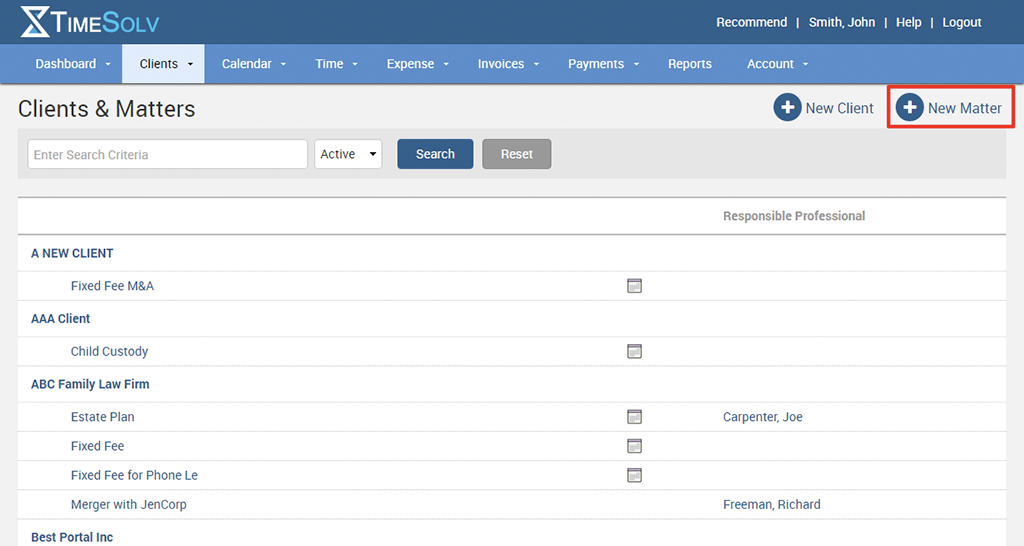 Manage all legal billing clients and matters in one place.