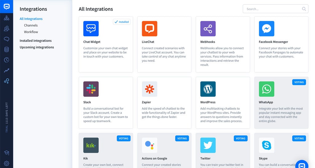 ChatBot application available integrations screenshot.
