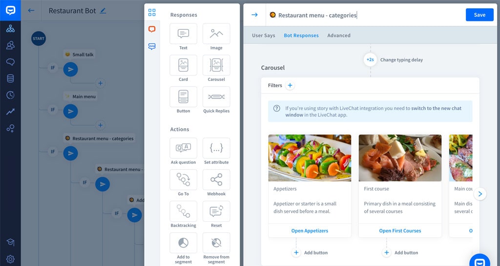 ChatBot application visual builder screenshot.